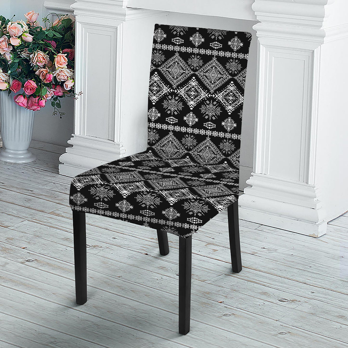 Black And White Boho Tribal Print Dining Chair Slipcover