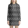 Black And White Boho Tribal Print Pullover Hoodie Dress