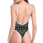 Black And White Boho Tribal Print One Piece High Cut Swimsuit