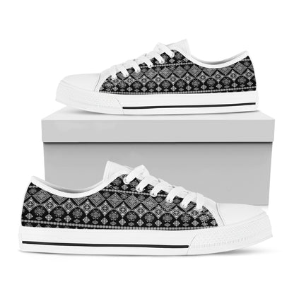 Black And White Boho Tribal Print White Low Top Shoes
