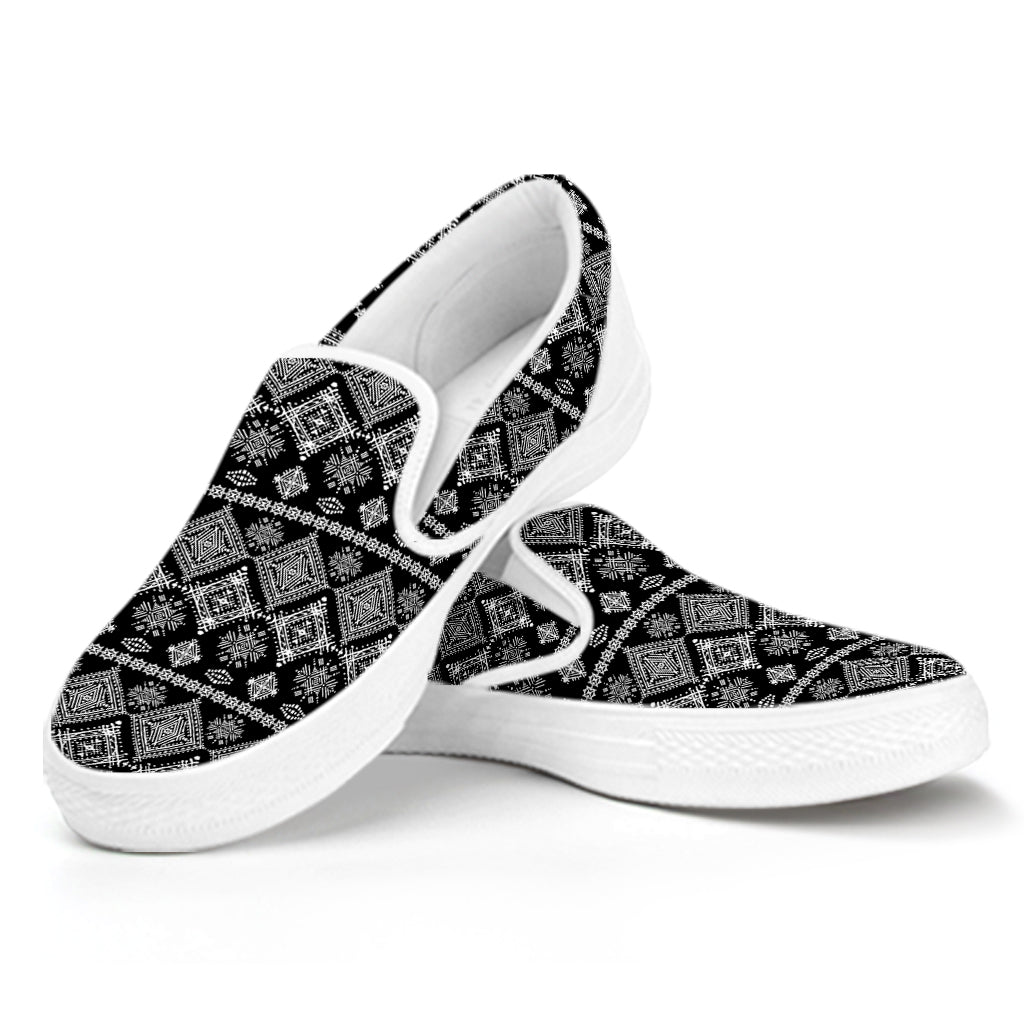 Black And White Boho Tribal Print White Slip On Shoes