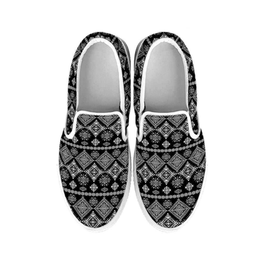 Black And White Boho Tribal Print White Slip On Shoes