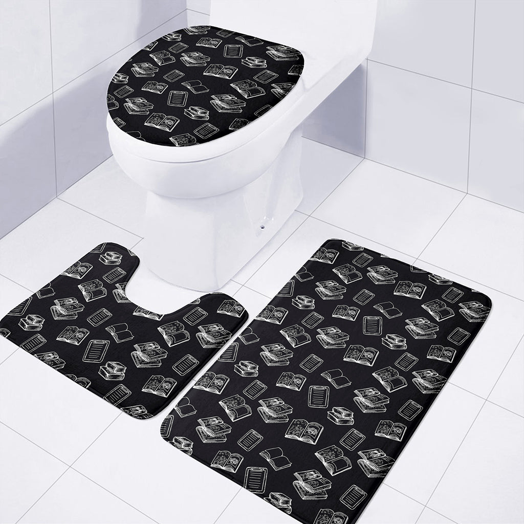 Black And White Books Pattern Print 3 Piece Bath Mat Set