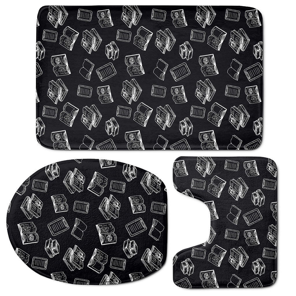 Black And White Books Pattern Print 3 Piece Bath Mat Set