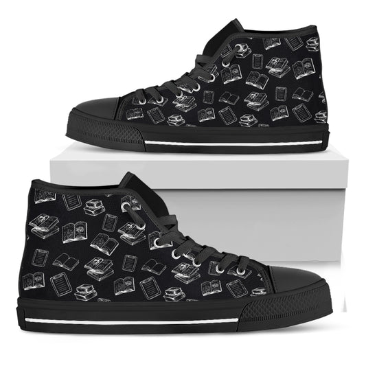 Black And White Books Pattern Print Black High Top Shoes