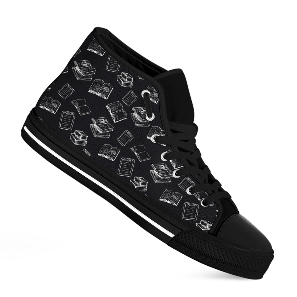 Black And White Books Pattern Print Black High Top Shoes