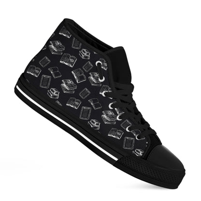 Black And White Books Pattern Print Black High Top Shoes