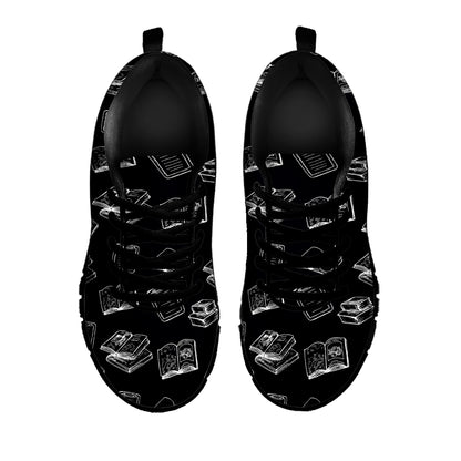 Black And White Books Pattern Print Black Sneakers