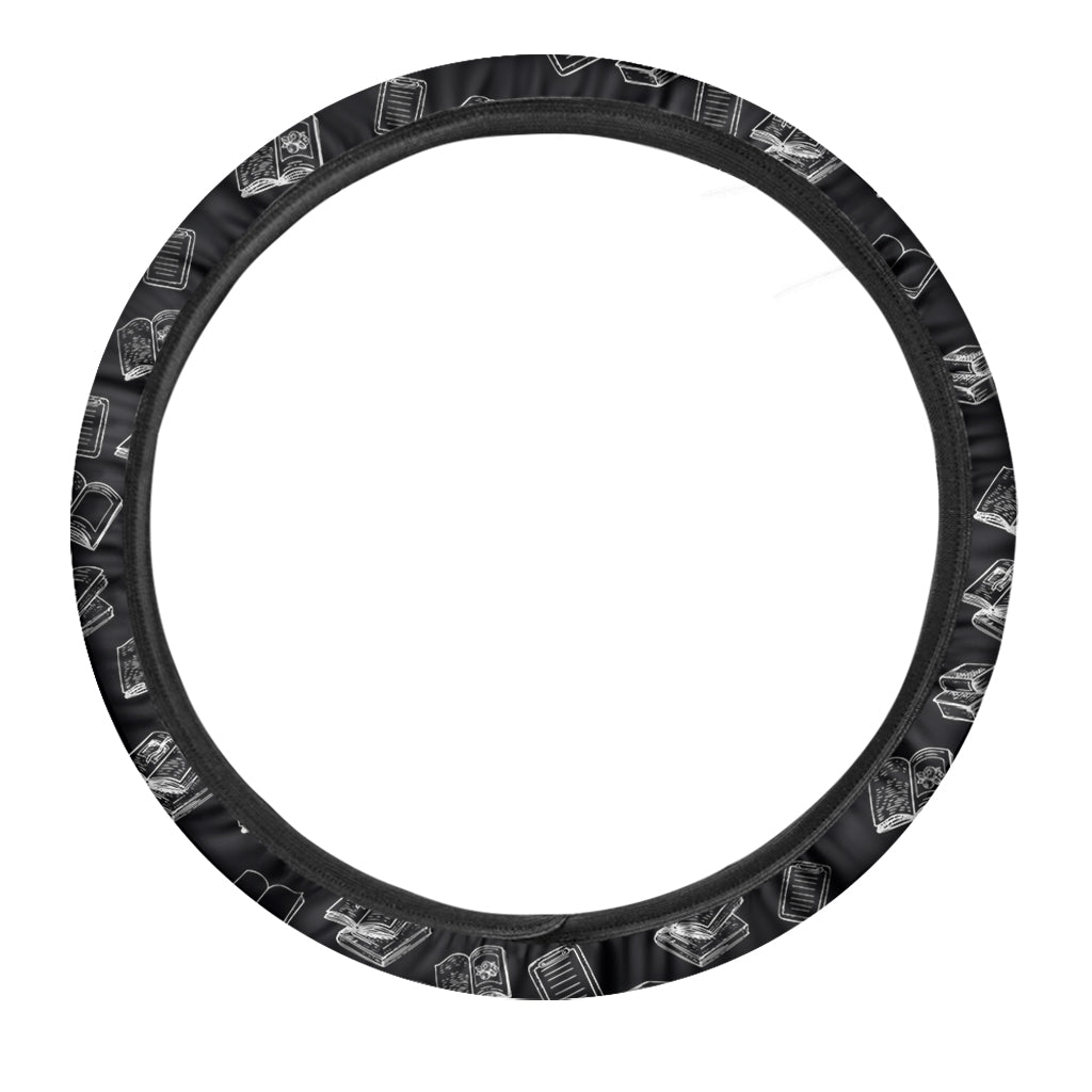 Black And White Books Pattern Print Car Steering Wheel Cover
