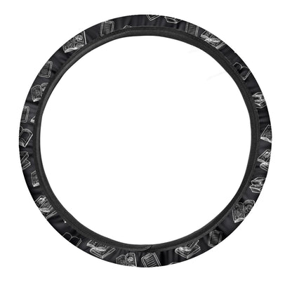 Black And White Books Pattern Print Car Steering Wheel Cover