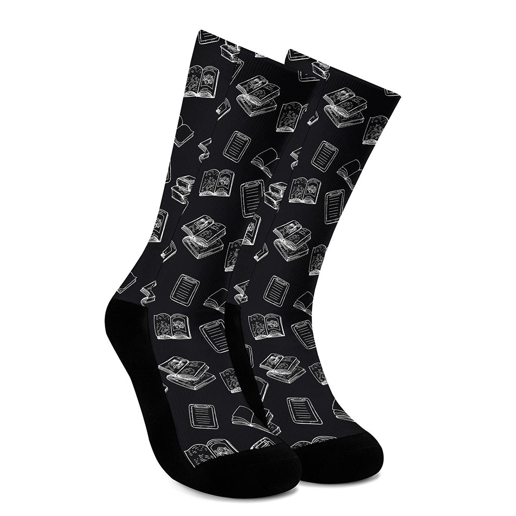 Black And White Books Pattern Print Crew Socks