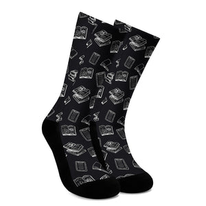 Black And White Books Pattern Print Crew Socks