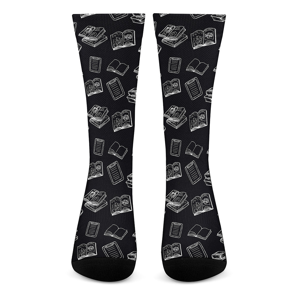 Black And White Books Pattern Print Crew Socks