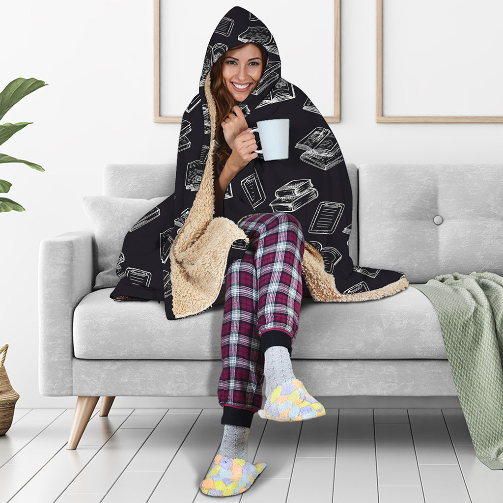 Black And White Books Pattern Print Hooded Blanket