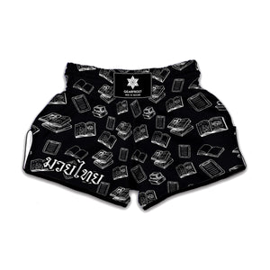 Black And White Books Pattern Print Muay Thai Boxing Shorts