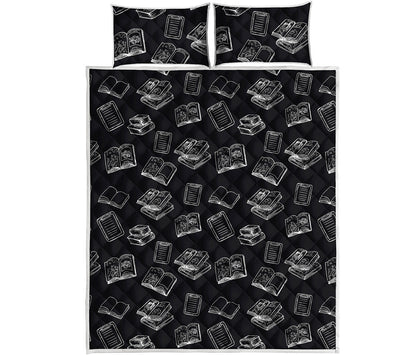 Black And White Books Pattern Print Quilt Bed Set