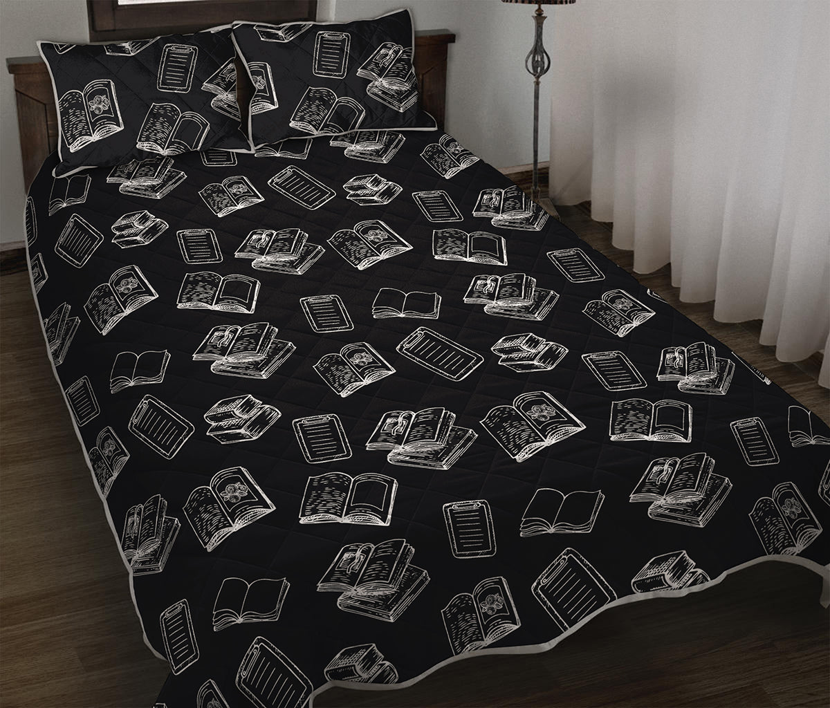 Black And White Books Pattern Print Quilt Bed Set