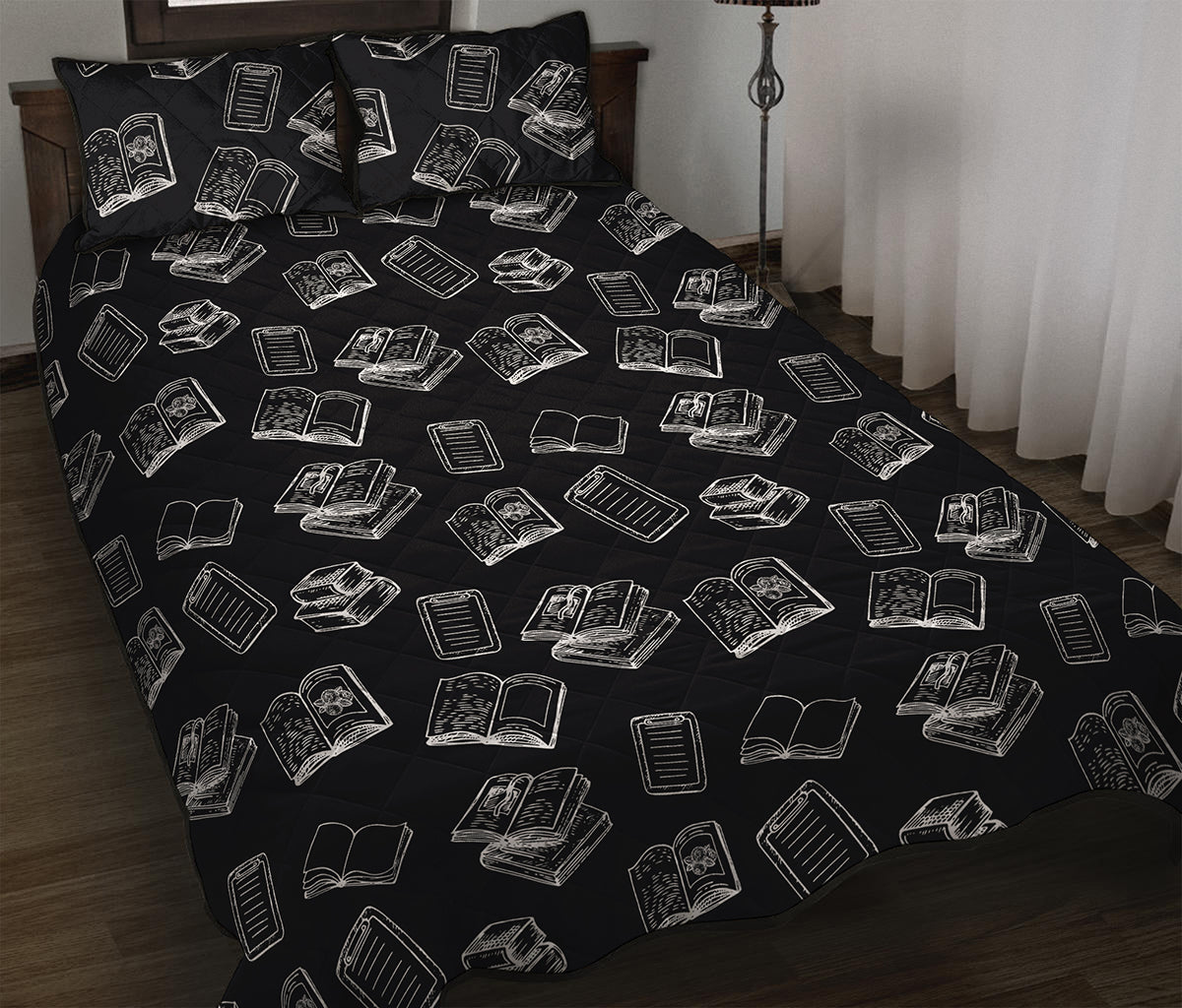 Black And White Books Pattern Print Quilt Bed Set