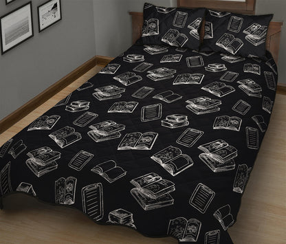 Black And White Books Pattern Print Quilt Bed Set