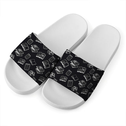 Black And White Books Pattern Print White Slide Sandals