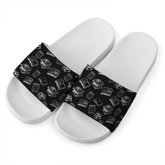 Black And White Books Pattern Print White Slide Sandals