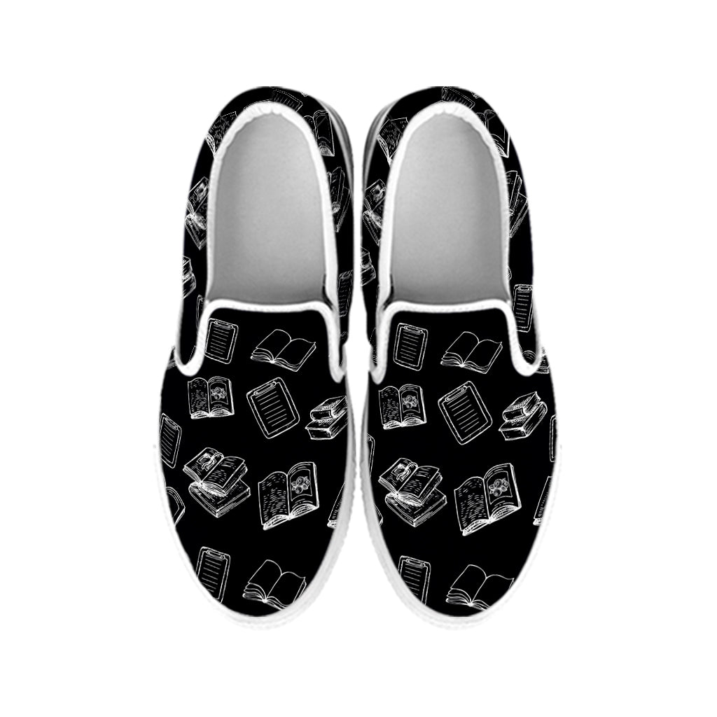 Black And White Books Pattern Print White Slip On Shoes