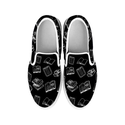 Black And White Books Pattern Print White Slip On Shoes
