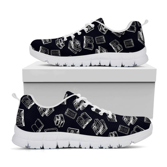 Black And White Books Pattern Print White Sneakers