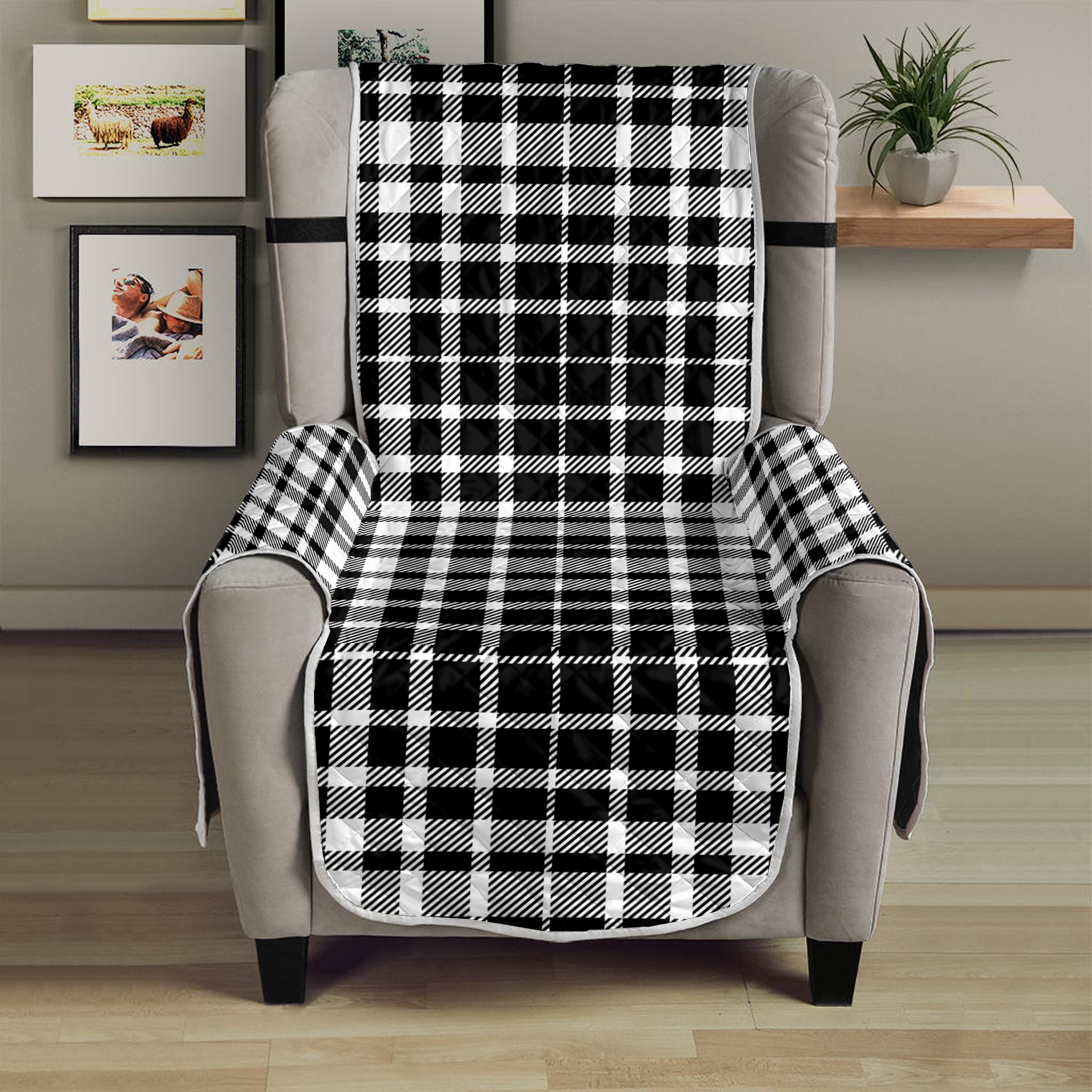 Black And White Border Tartan Print Armchair Protector