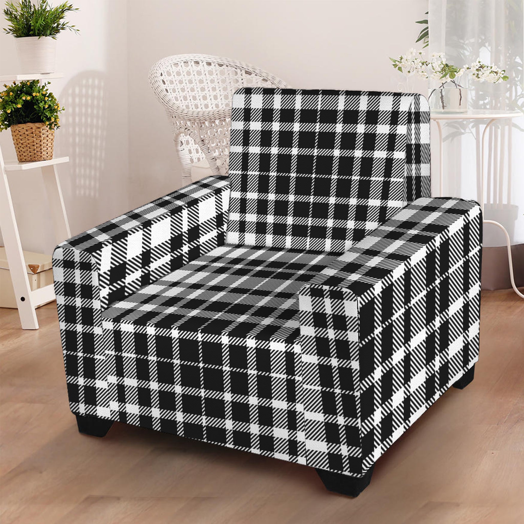 Black And White Border Tartan Print Armchair Slipcover