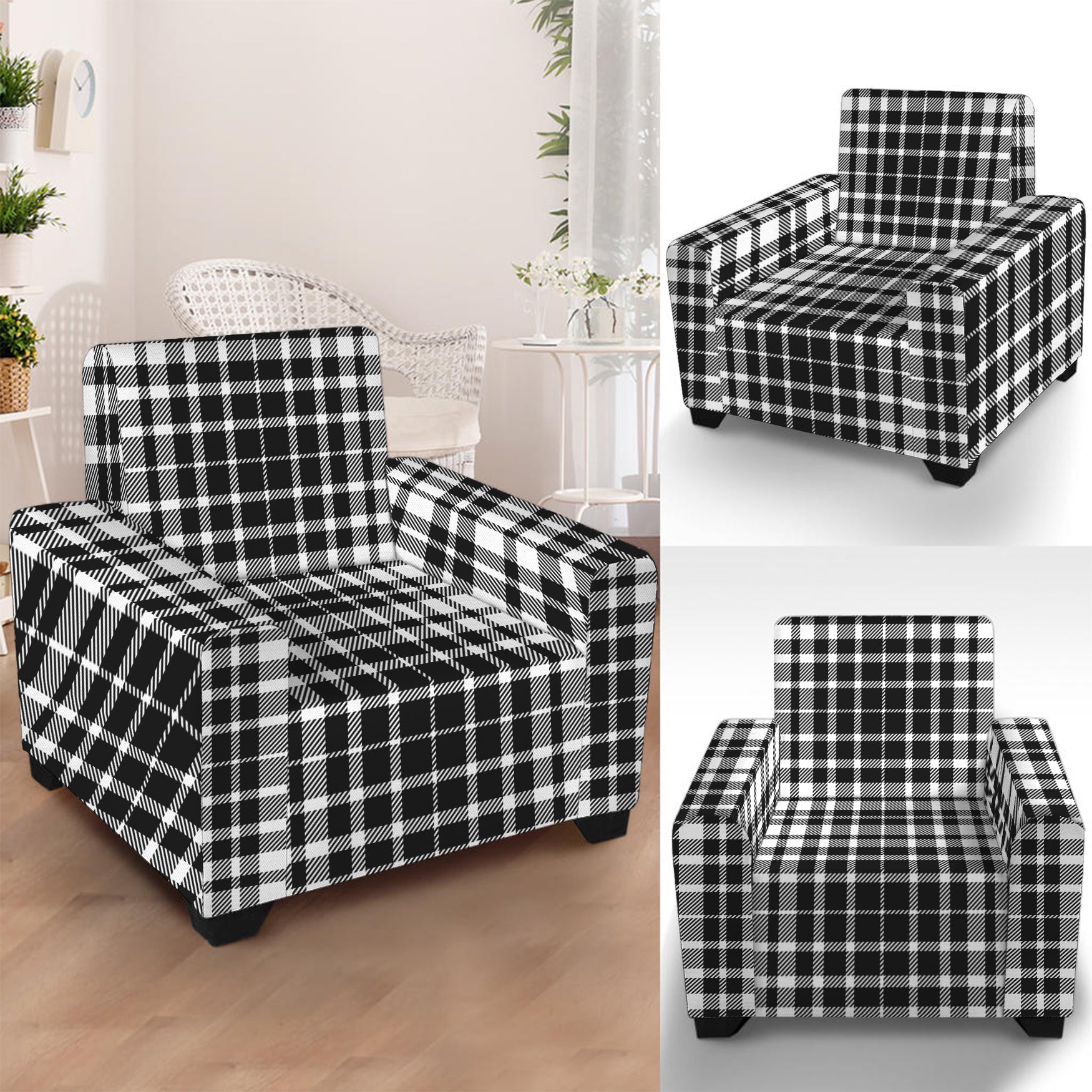 Black And White Border Tartan Print Armchair Slipcover