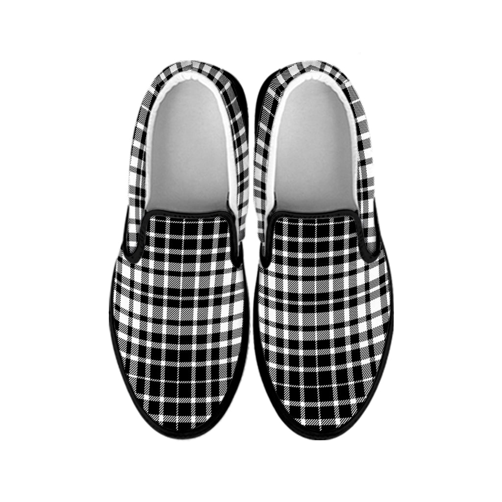 Black And White Border Tartan Print Black Slip On Shoes