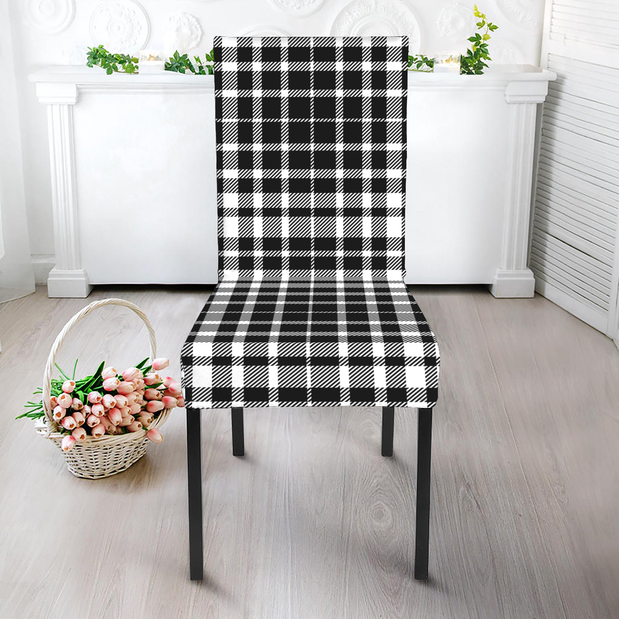 Black And White Border Tartan Print Dining Chair Slipcover