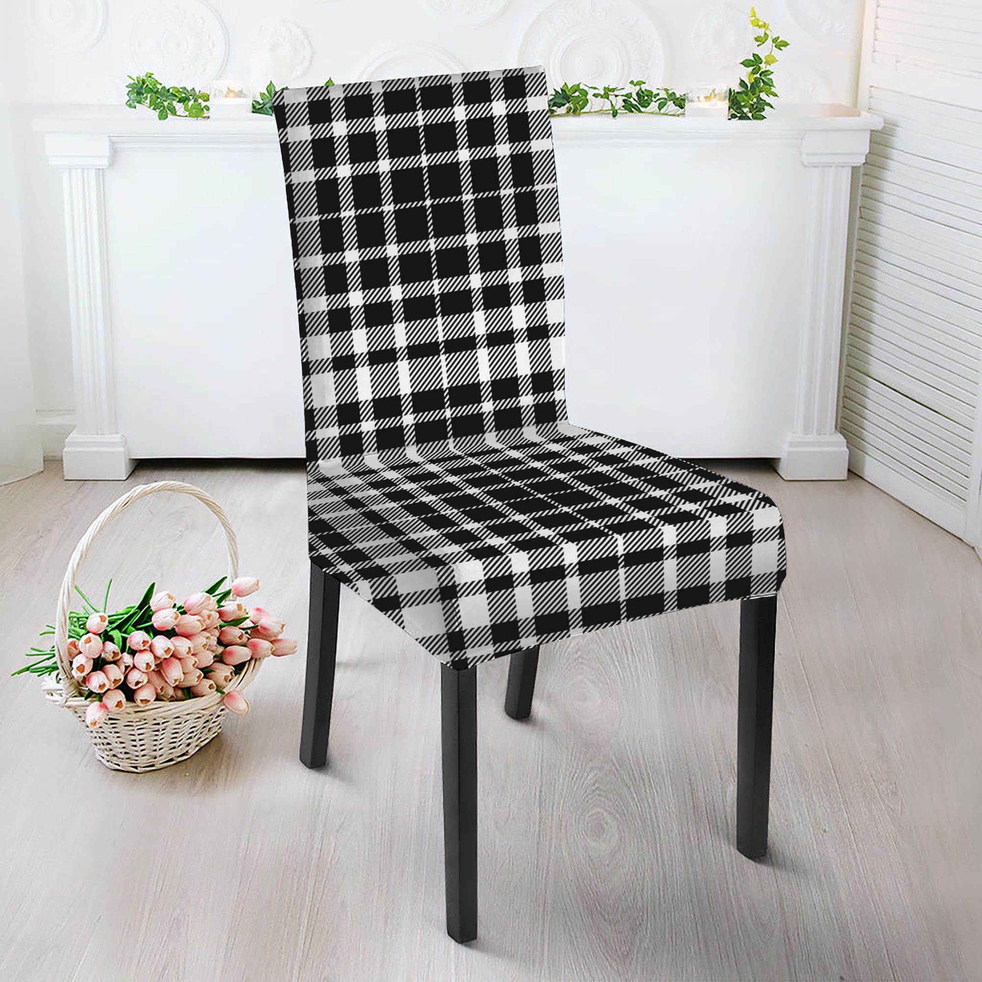 Black And White Border Tartan Print Dining Chair Slipcover