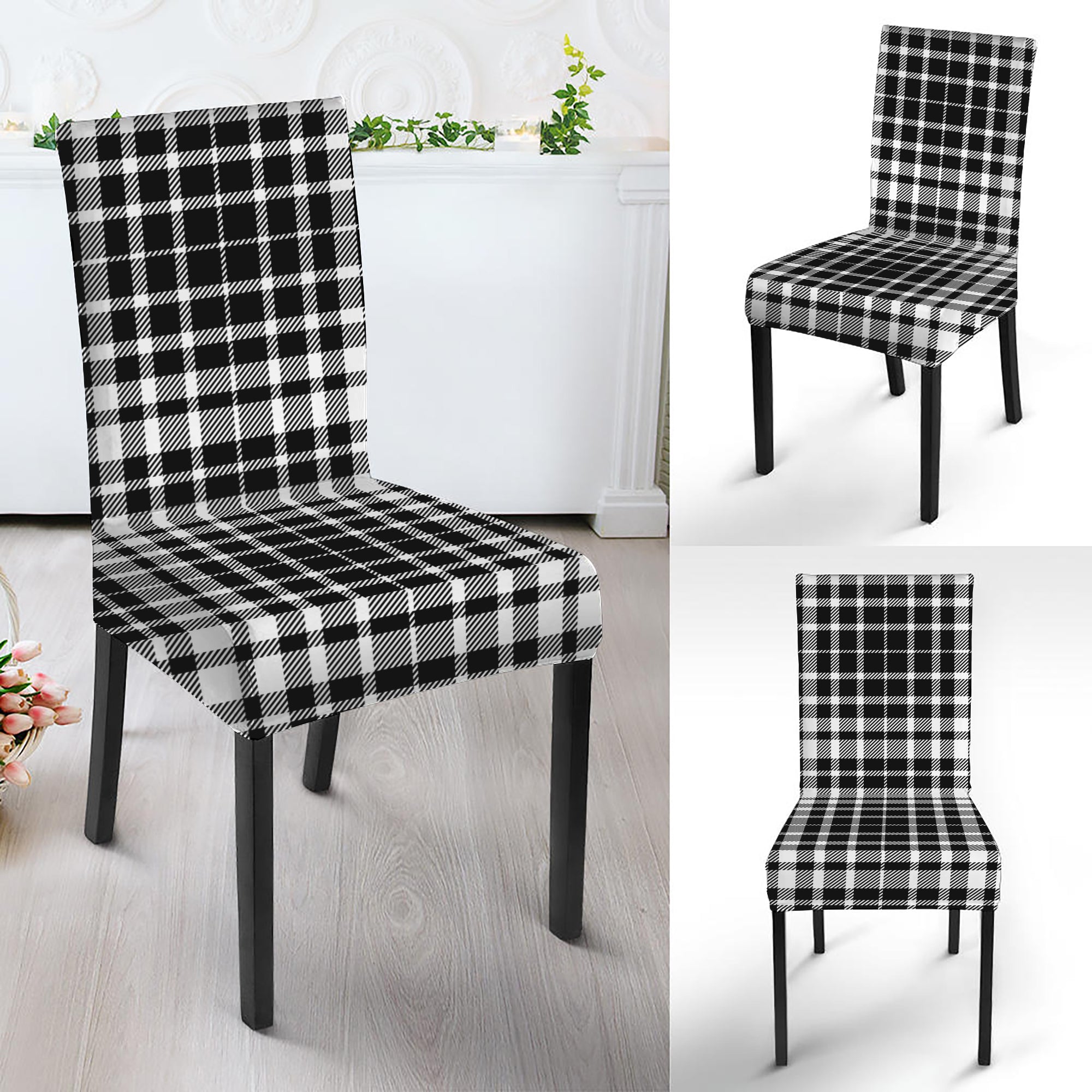 Black And White Border Tartan Print Dining Chair Slipcover