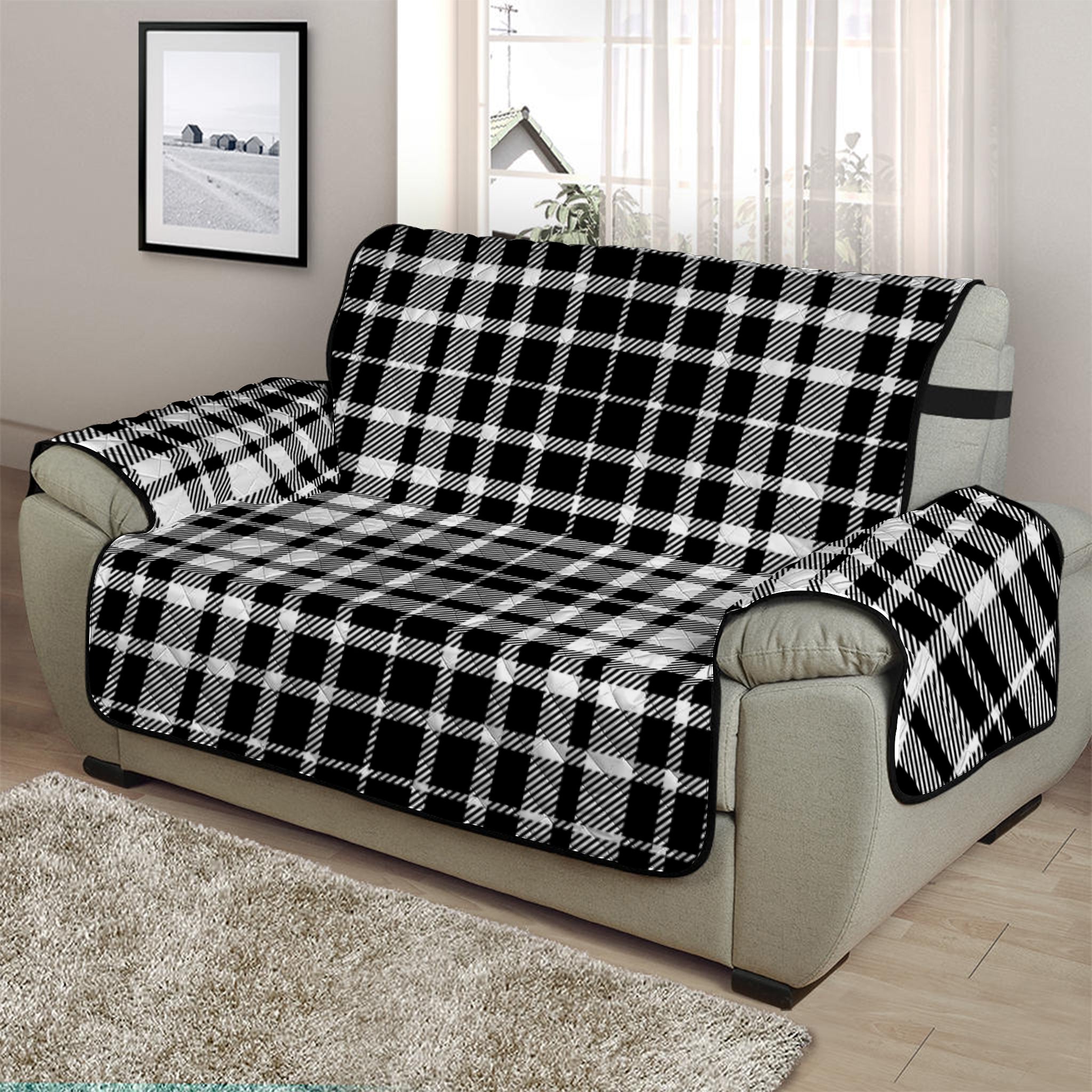 Black And White Border Tartan Print Half Sofa Protector