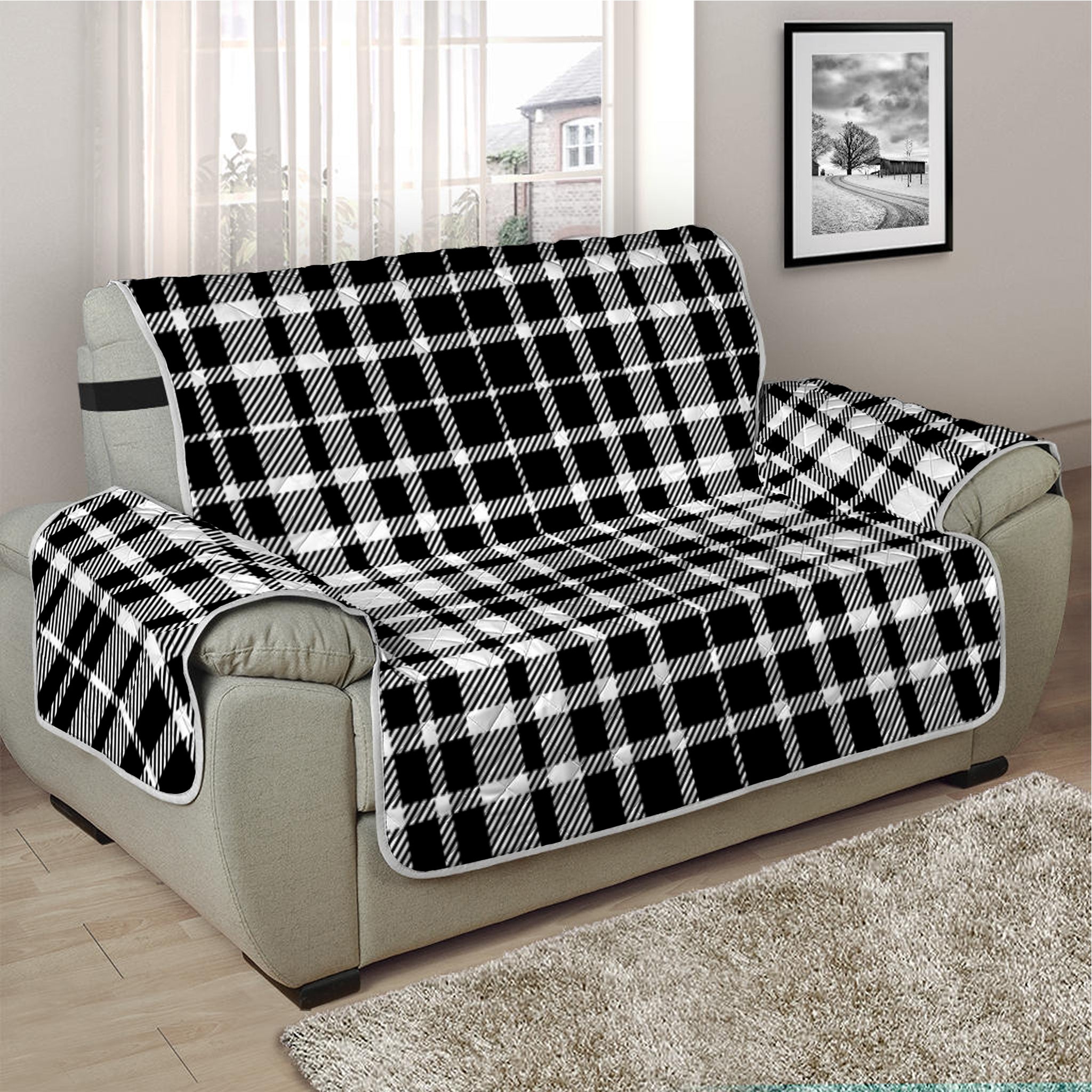 Black And White Border Tartan Print Half Sofa Protector