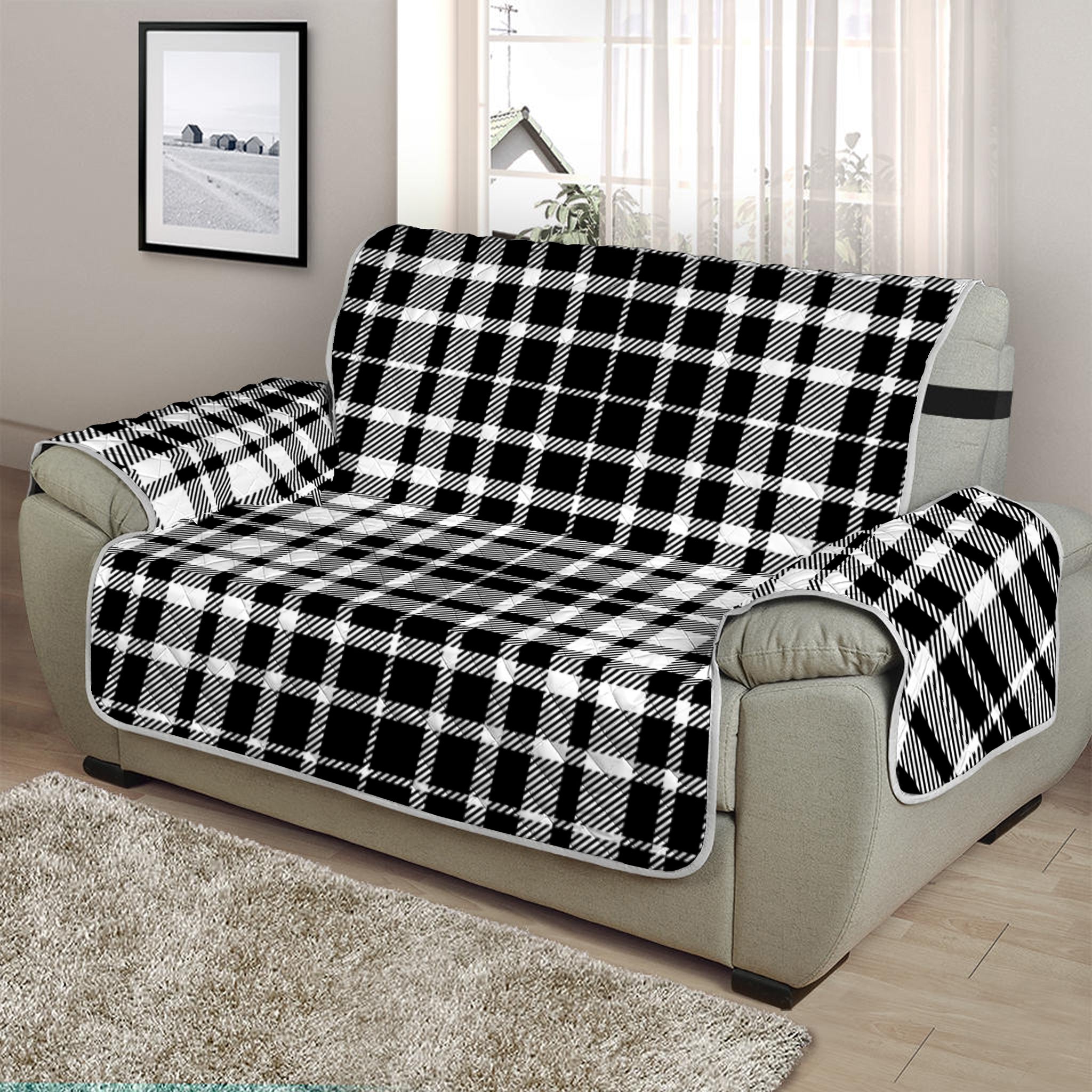 Black And White Border Tartan Print Half Sofa Protector