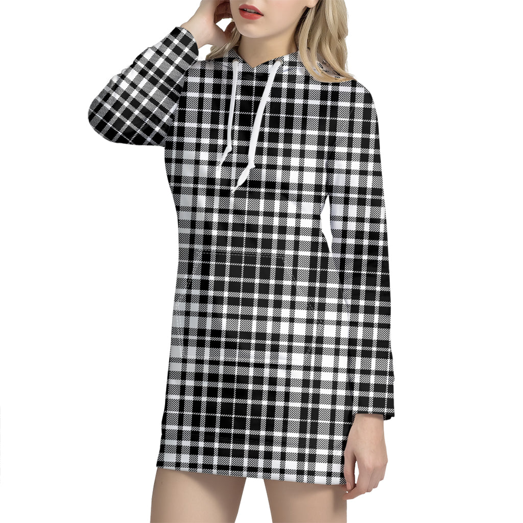 Black And White Border Tartan Print Hoodie Dress