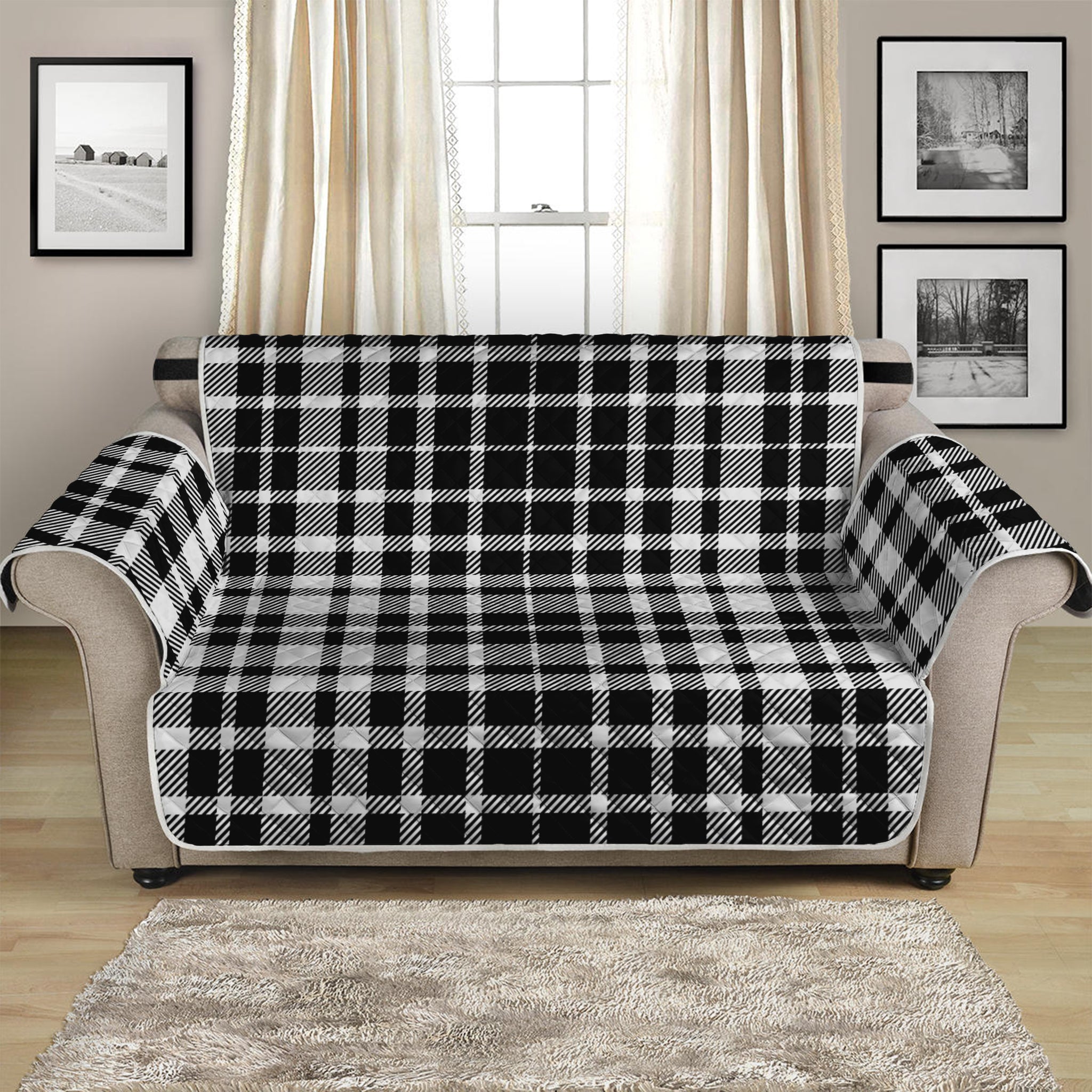 Black And White Border Tartan Print Loveseat Protector