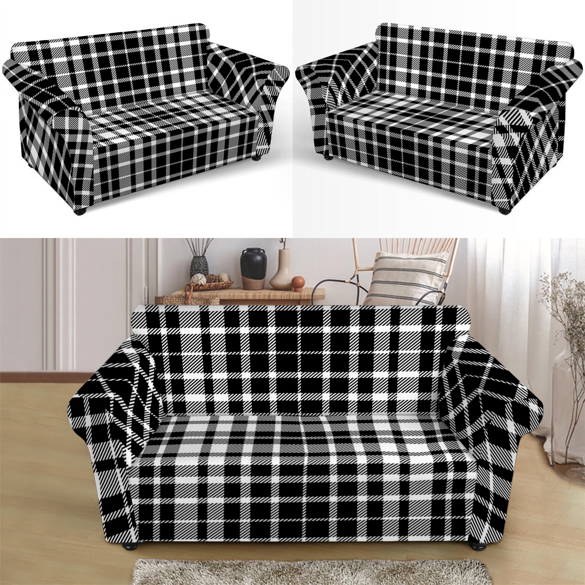 Black And White Border Tartan Print Loveseat Slipcover