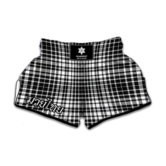 Black And White Border Tartan Print Muay Thai Boxing Shorts