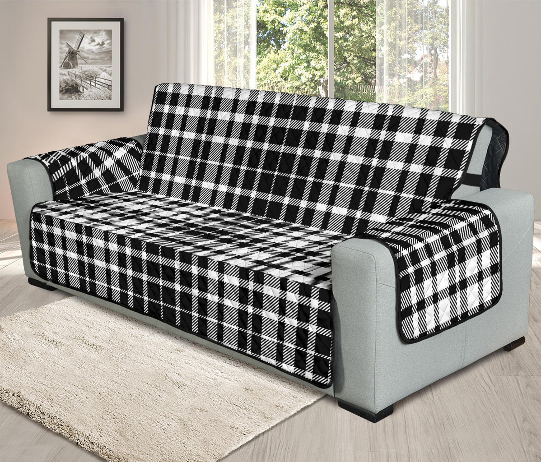 Black And White Border Tartan Print Oversized Sofa Protector