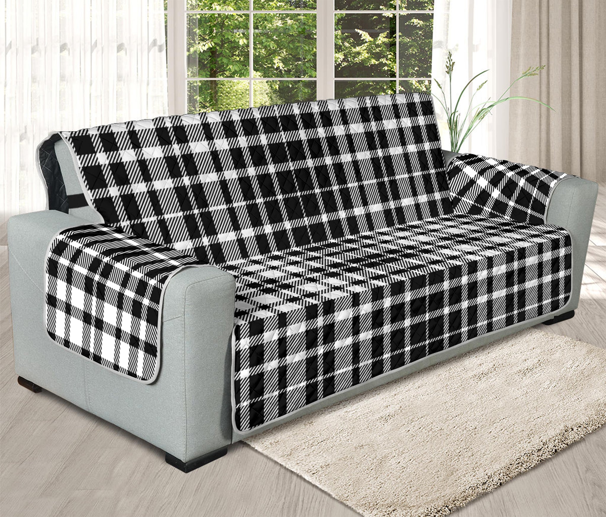 Black And White Border Tartan Print Oversized Sofa Protector