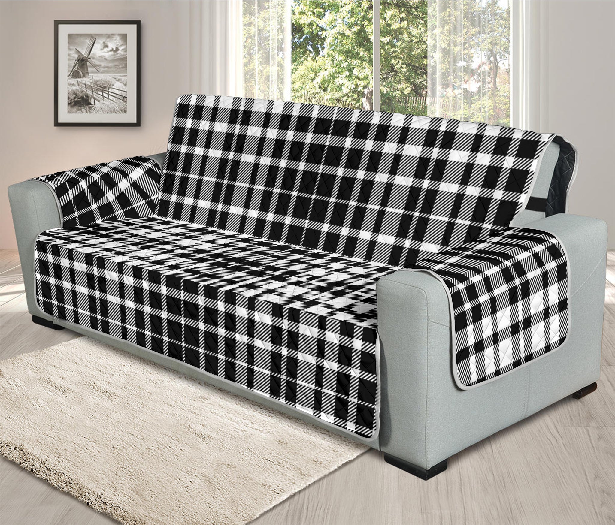 Black And White Border Tartan Print Oversized Sofa Protector