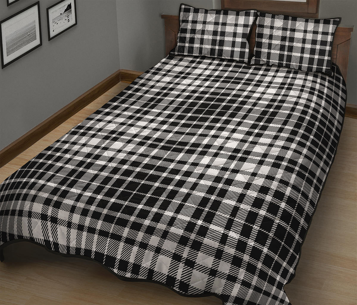 Black And White Border Tartan Print Quilt Bed Set