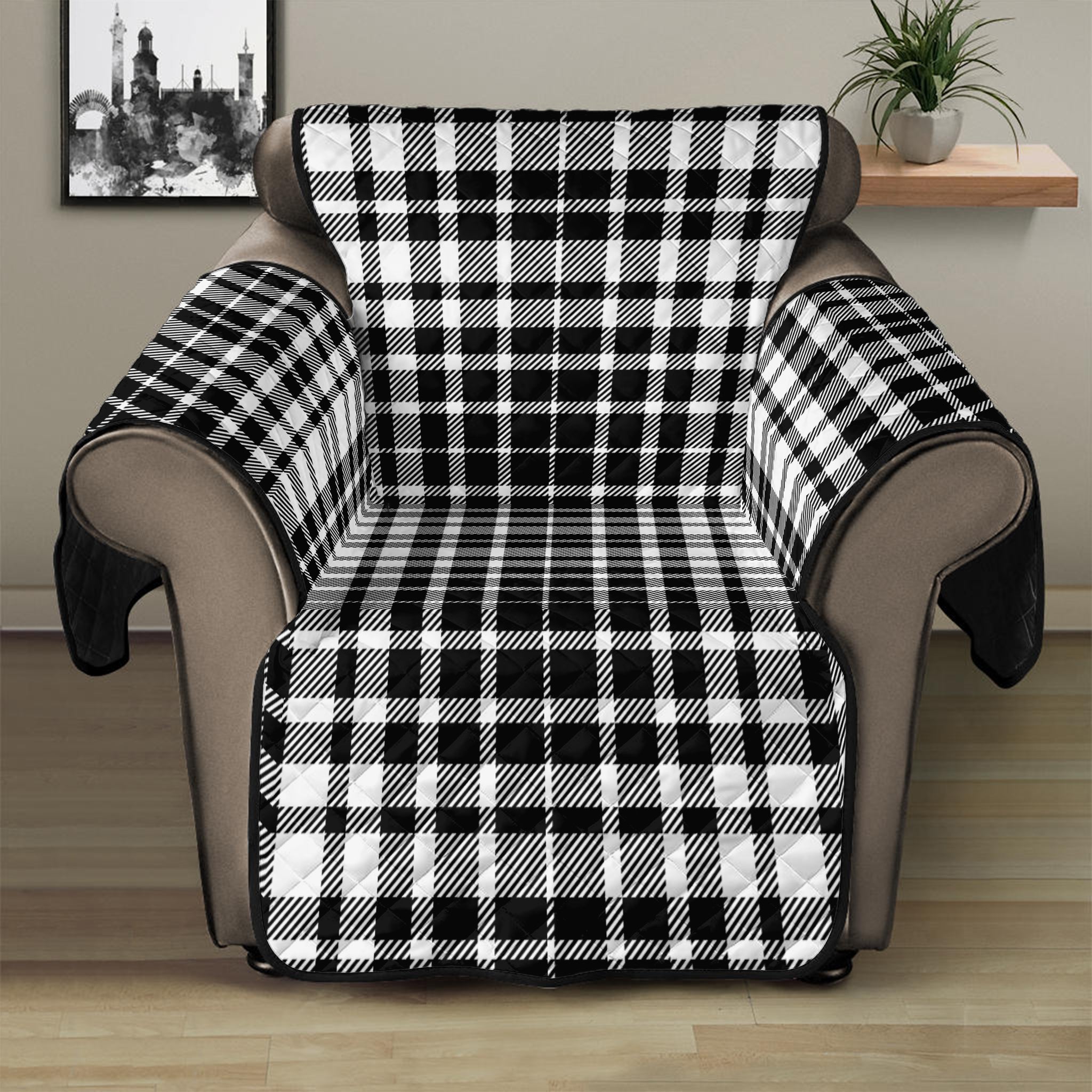 Black And White Border Tartan Print Recliner Protector