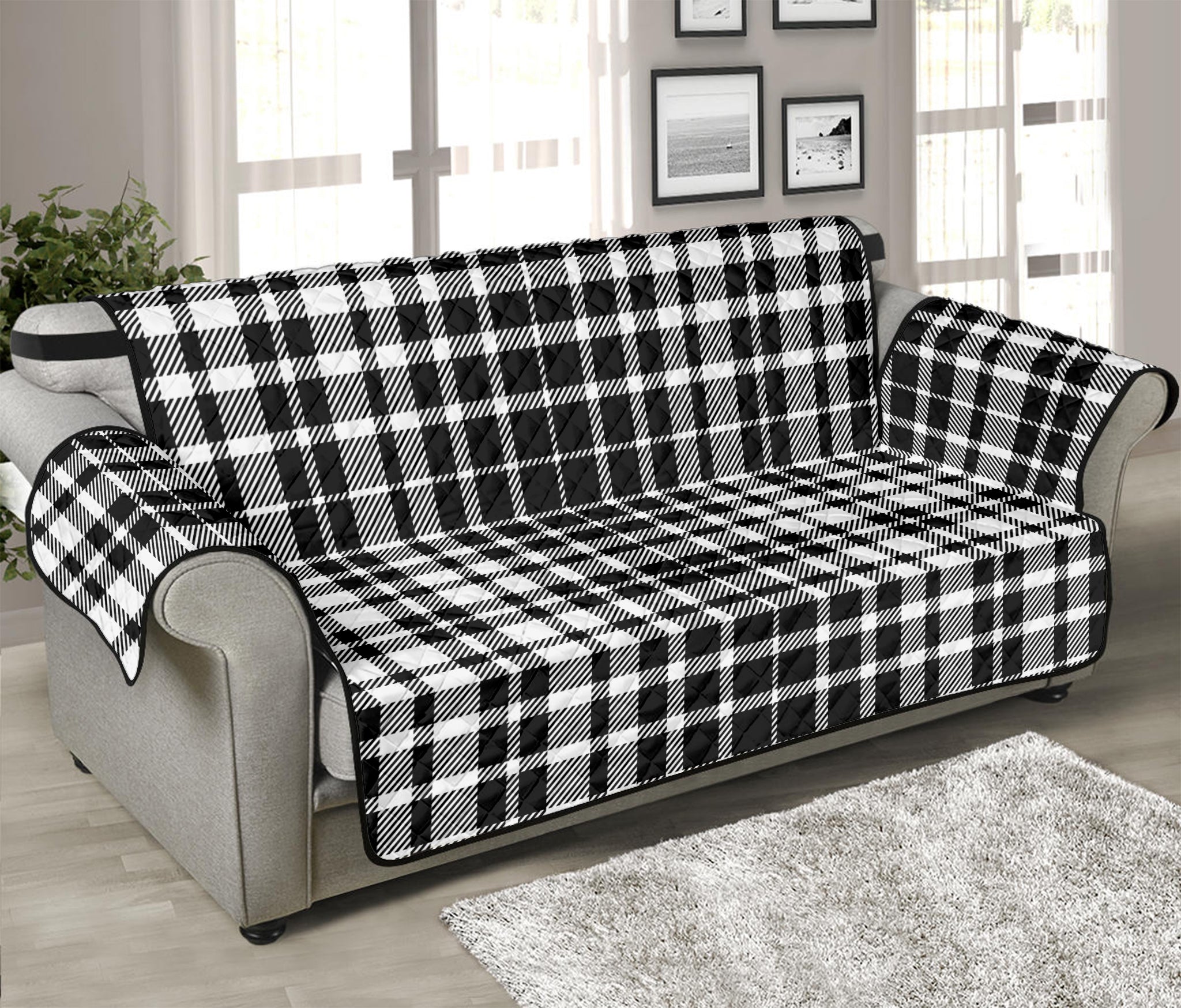 Black And White Border Tartan Print Sofa Protector