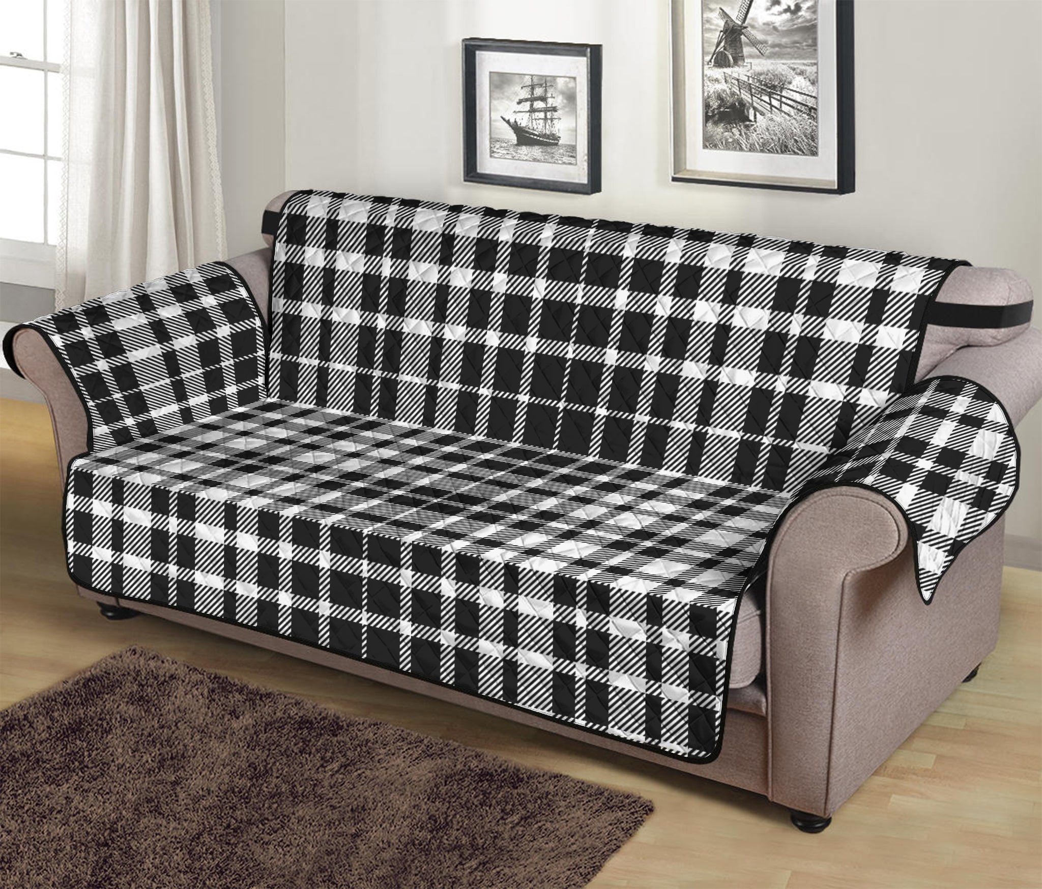 Black And White Border Tartan Print Sofa Protector