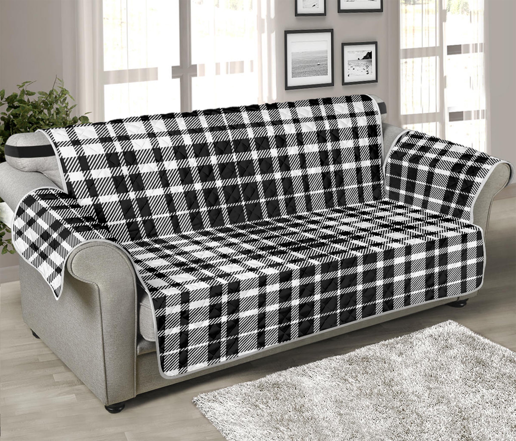 Black And White Border Tartan Print Sofa Protector